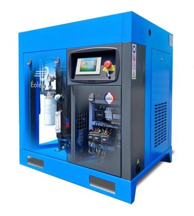 Máquina industrial azul com painel de controlo e componentes elétricos.