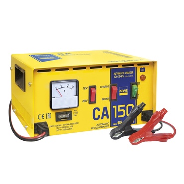 Carregador automático GYS CA 150 amarelo com mostrador e cabos