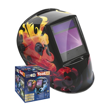 Máscara de solda com desenho de chamas e caixa azul