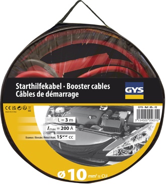 Conjunto de cabos de arranque Starthilfekabel Booster cables Câbles de démarrage em embalagem redonda preta e amarela