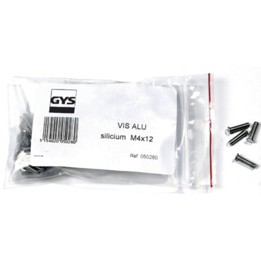 Pacote de parafusos metálicos prateados com etiqueta GYS e texto VIS ALU silicium M4x12