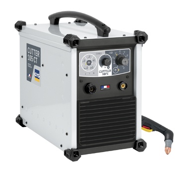 Máquina de soldar metálica cinzenta e preta com botões e cabo