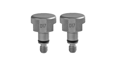 Par de botões metálicos prateados com inscrição D17 e anel preto