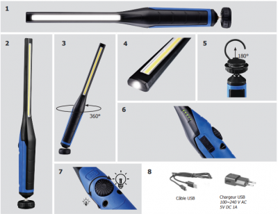 Lanterna de trabalho LED preta e azul com base rotativa e cabo USB.