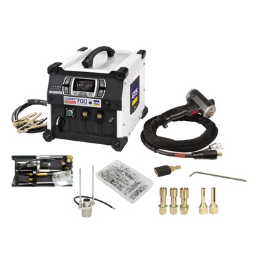Máquina de soldar cinza e preta com acessórios metálicos e cabos