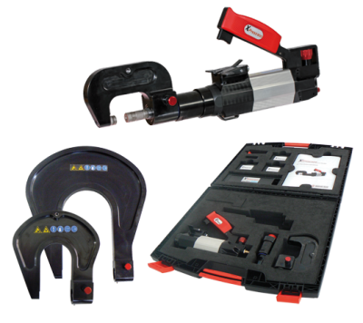 Conjunto de ferramentas hidráulicas de compressão com estojo e peças em preto, cinza e vermelho