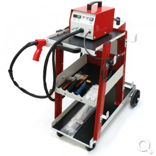 Unidade de soldadura portátil vermelha com carrinho e ferramentas