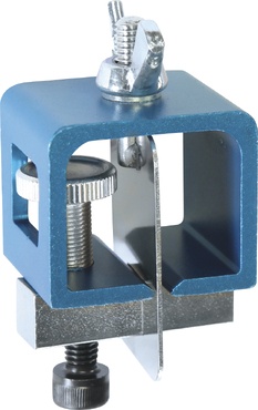 Acessório metálico azul com parafuso e lâmina fina