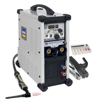 Máquina de soldar GYS PROTIG 231 LC PFC com acessórios em fundo branco