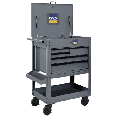 Carrinho de ferramentas metálico cinzento com rodas e gavetas