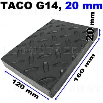 Placa retangular preta antiderrapante com medidas 160x120x20 mm e texto TACO G14, 20 mm