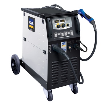 Máquina de soldar portátil GYS com rodas e painel de controle