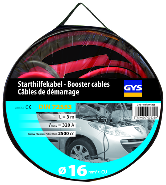 Cabos de arranque vermelhos e pretos em embalagem redonda com etiqueta azul e preta