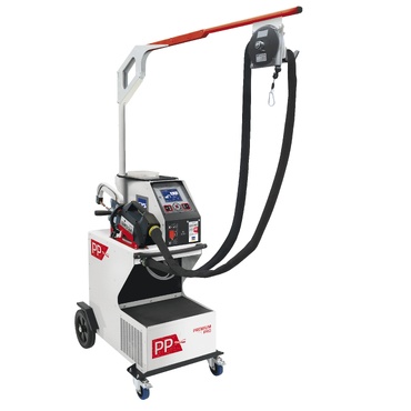 Máquina industrial branca e preta com detalhes vermelhos, painel digital, rodas e braço longo para aplicação