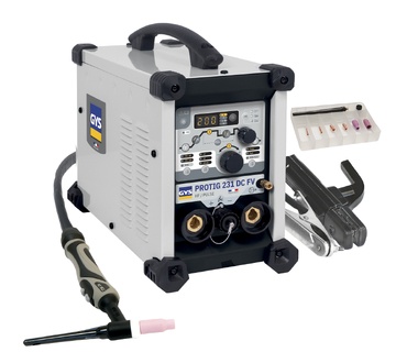 Máquina de soldar branca com painel frontal digital, suporte, eletrodos e acessórios