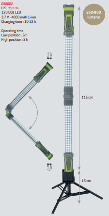 Lâmpada LED portátil ajustável com tripé e especificações técnicas visíveis