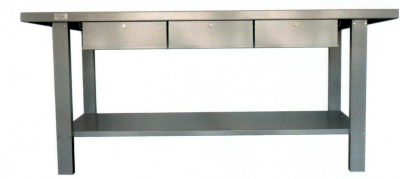 mesa de trabalho de metal cinzento com gavetas e prateleira