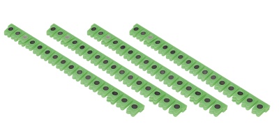 Cinco tiras verdes com orifícios e parafusos pretos num fundo branco