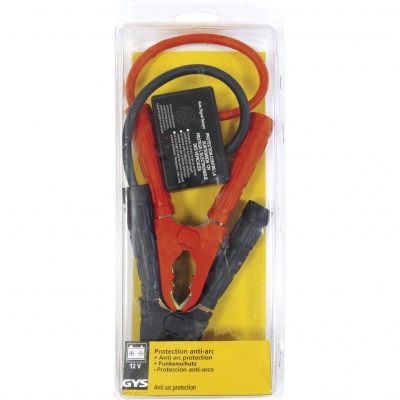 Kit de cabos para bateria com garras vermelha e preta em embalagem transparente com fundo amarelo