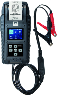 Aparelho eletrónico com ecrã e cabos com pinças vermelha e preta