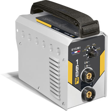 Máquina industrial GYSMI 160P branca com detalhes amarelos e pretos e alça superior preta