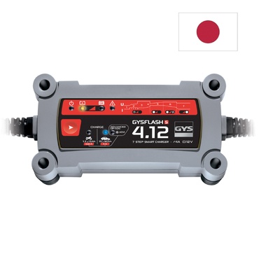 Carregador inteligente GYSFLASH 4.12 com painel vermelho e corpo cinzento.