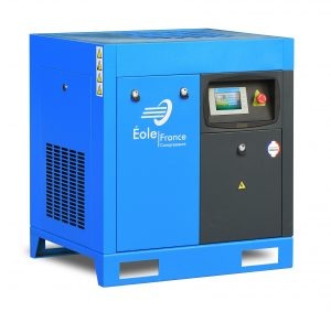 Compressores industriais azuis com painel de controlo digital e botões