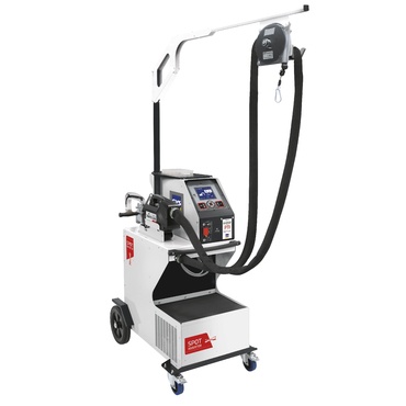 Máquina industrial branca e preta com ecrã digital e cabos