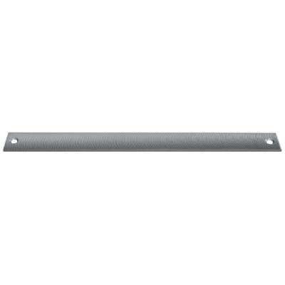 Barra metálica retangular cinza com orifícios nas extremidades