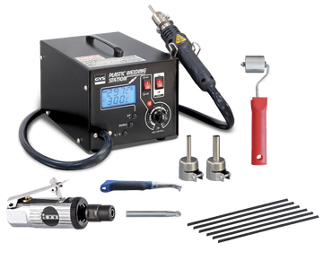 Estação de soldadura plástica com acessórios variados em fundo branco