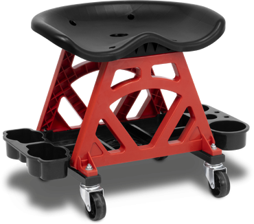 Banco de oficina móvel com assento preto e base vermelha com rodas