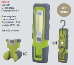 Lanterna LED COB verde e cinza com gancho metálico e botão amarelo