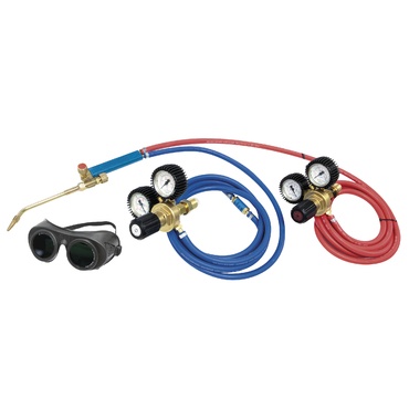 Conjunto de soldadura com maçarico, mangueiras e óculos de proteção