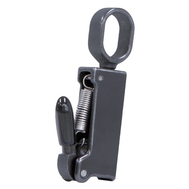 Prendedor metálico cinza escuro com mola e alça oval