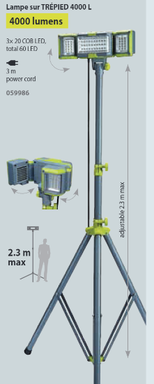 Lâmpada de tripé LED preto e amarelo com três painéis de LEDs e altura ajustável