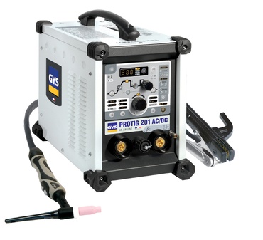 Máquina de soldadura GYS PROTIG 201 AC/DC cinza com cabos e acessórios