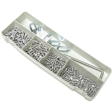 Organizador cinza com parafusos metálicos prateados de vários tamanhos e formas