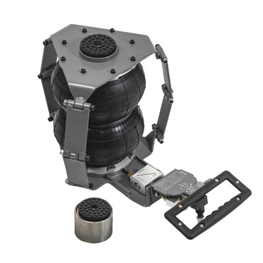 Conjunto de suspensão pneumática com bolsa de ar preta e estrutura metálica cinzenta