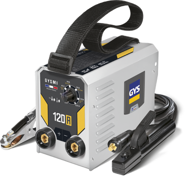 Maquina de soldar portátil GYS GYSMI 120 A branca com preto e amarelo, alça preta e cabos