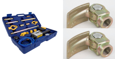 Conjunto de ferramentas num estojo azul e duas peças metálicas douradas com parafuso hexagonal