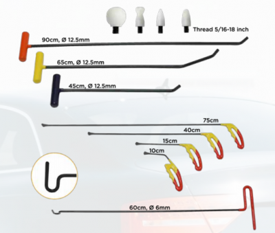 Ferramentas com cabos de diversas cores e dimensões e acessórios brancos com texto visível, sobre fundo branco com carro ao fundo.