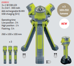 Lanterna LED multifunções amarela com três luzes, recarregável via USB, com texto de especificações técnicas