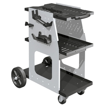 Carrinho organizador cinzento com prateleiras pretas e rodas