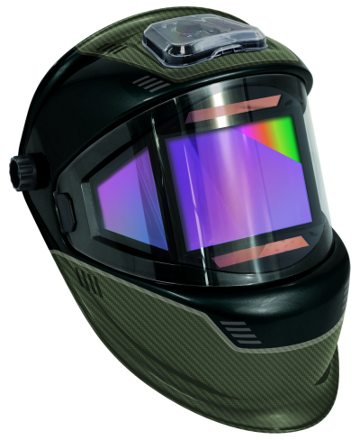 Capacete de proteção cinza escuro com visor grande refletor roxo