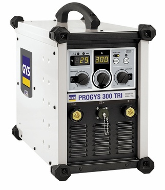 Máquina de soldar branca e preta com mostradores digitais e alça no topo