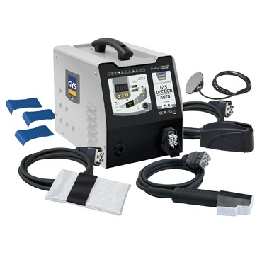 Máquina de soldar cinza e preta com cabos e acessórios