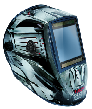 Capacete de soldadura com visor retangular em tons cinza e preto com padrão metálico