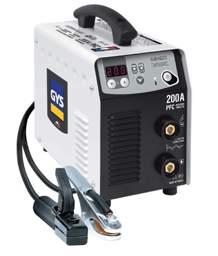 Máquina de soldar GYS 200A PFC branca e preta com cabos e grampos