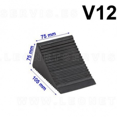 Calço de roda triangular preto com medidas e texto V12