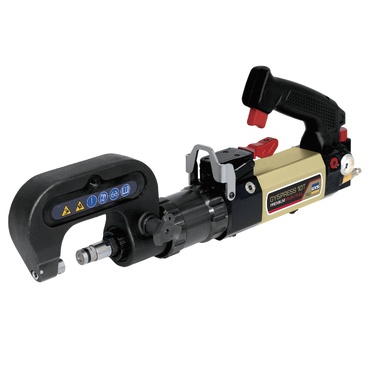 Ferramenta de cinta automática para embalagem preta e bege em fundo branco